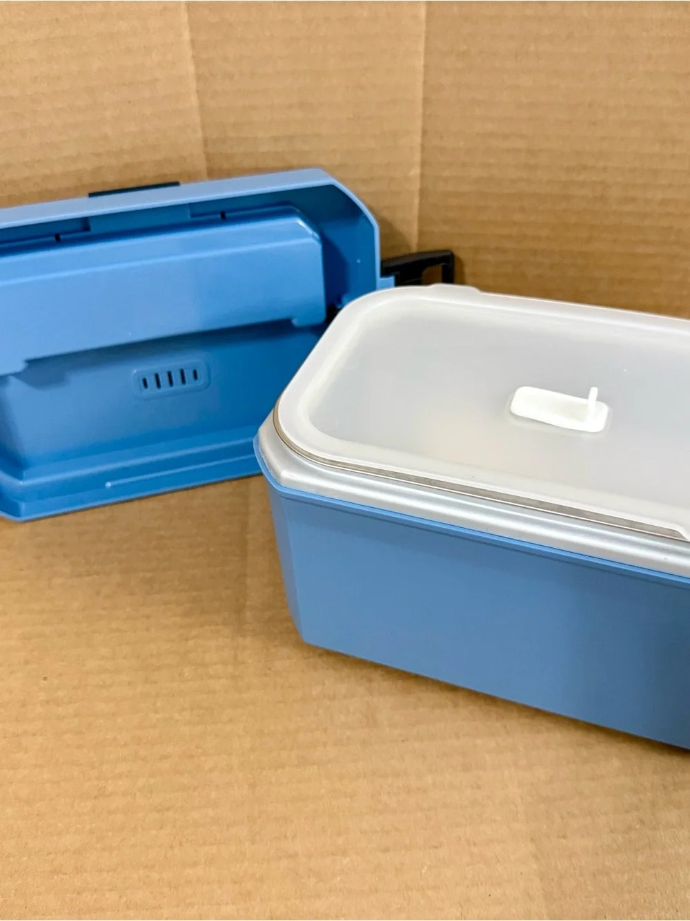 Portable Blue Travel Heated Lunch Box with Digital Control and Gray Carry Bag